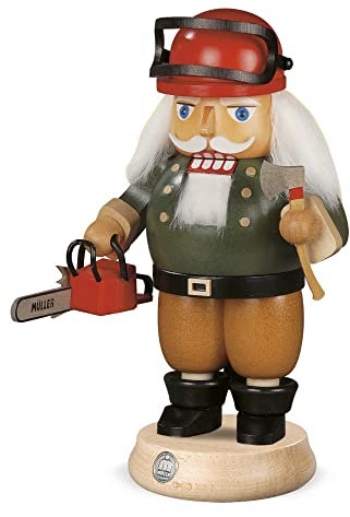 Mueller Nussknacker Waldarbeiter mit Motorsäge, 23 cm hoch, original Erzgebirge Seiffen