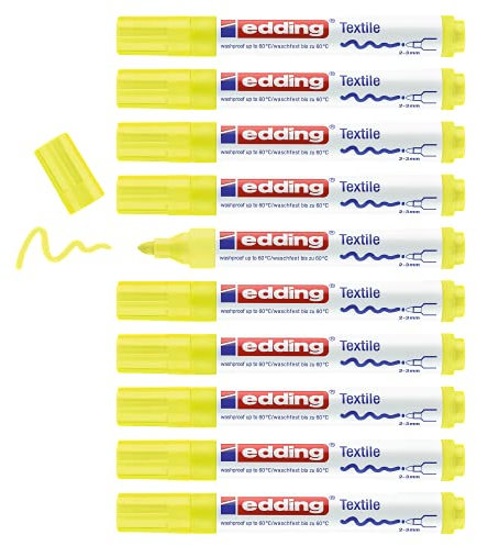 edding 4500 Textilmarker - neon-gelb - 10 Stück - Rundspitze 2-3 mm - Textilstifte waschmaschinenfest (60 °C) zum Stoff bemalen - Stoffmalstift