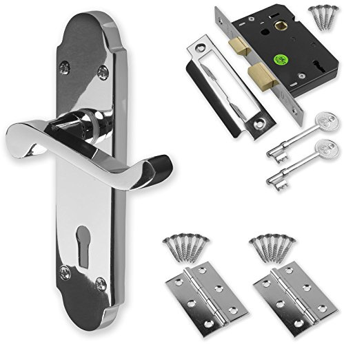 Chrome Door Handle Set Pack Latch Lock Bathroom Privacy New (Lever Lock) | Supplied with necessary fixings for easy fitting, providing smooth operation and dependable interior room security.