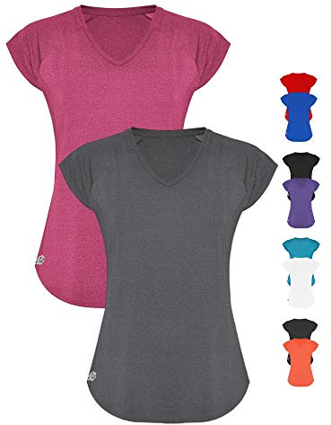 GO HEAVY Damen 2er-Pack Fitness Funktions Sport T-Shirt Laufshirt Kurzarm Schnelltrocknend | Grau/Rosa XL