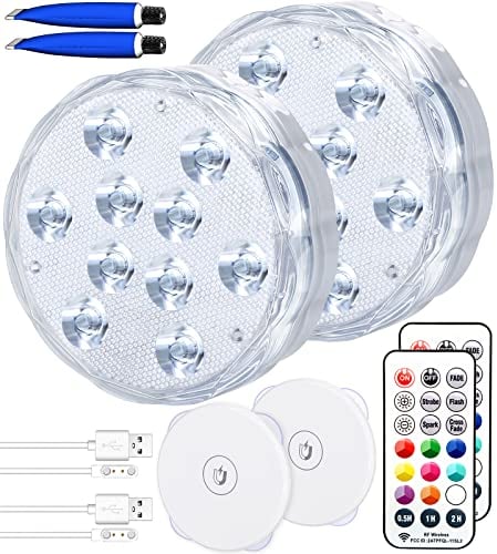 Qoolife USB Wiederaufladbares Unterwasserlicht Funksignal WRGB 3.3 Magnetische bunte LED-Tauchleuchten für Badewanne, Aquarium, Pool, Teich, Dekor, Spa, Weihnachten -2 Stück
