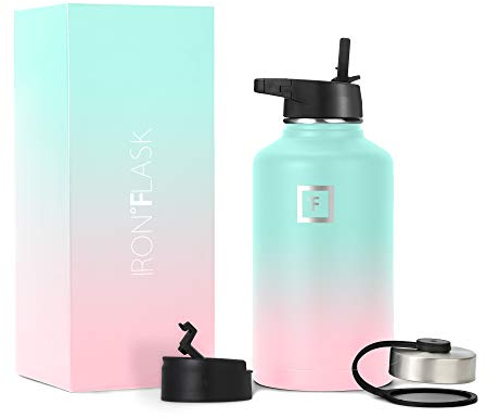 Iron Flask Bouteille d'eau de sport - 64 oz, 3 couvercles (couvercle en paille), acier inoxydable isolé sous vide, moderne à double paroi, tasse thermo simple (Bubble Gum)