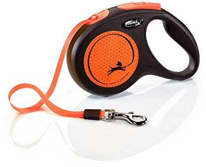 flexi® Neon M Gurt 5 m schwarz, neon-oranger Gurt, reflektierende Seitenfläche, Roll-Leine für Hunde bis 25 kg
