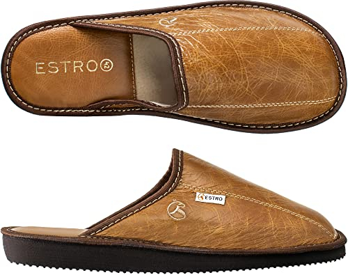ESTRO Hausschuhe Herren Leder Herrenhausschuhe - Hausschuh Männer Pantoffel Pantoffeln Pantoletten Slipper Mann Warm Rust (40 EU, Kamel, Numeric_40)