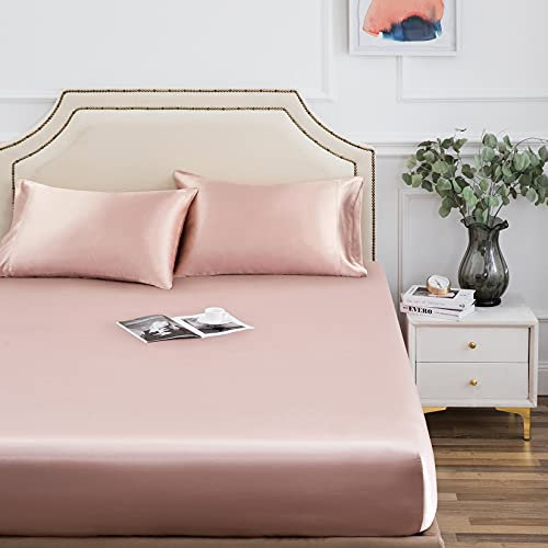 Drap-housse en satin, drap-housse pour lit double uniquement, 1 pièce ultra doux avec poche profonde en soie - Vieux rose
