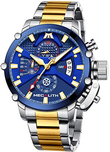 MEGALITH Herrenuhr Chronographen Armbanduhr Herren Edelstahl Großes Ziffernblatt Herren Uhr Analog Wasserdicht Leuchtend Kalender