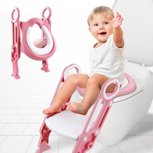 Albert Austin Training Toilet Step for Toddlers 1-7 Years Old - Anti-Slip Soft Cushion Seat with Step for Potty Training (Pink/White)