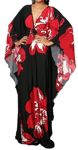 Bsubseach Plus Size Caftan Dresses for Women Swimsuit Cover Up Batwing Sleeve Summer Maxi Kaftan Dress Red Flower Print