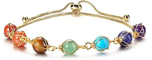 GEHECRST Schmuck 7 Chakra Armband 14K Gold Wire Armreif Partnerarmbänder Paar Armbänder einstellbar Yoga Armreif Perlenarmband Heilenstein Yoga Meditation Energietherapie (Armband(7 Chakra))