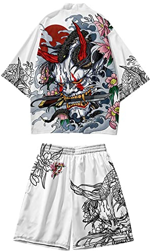 DOSLAVIDA Ensemble kimono de style japonais léger, veste ouverte sur le devant, pour hommes, tenue de plage, d’été, deux pièces, Small