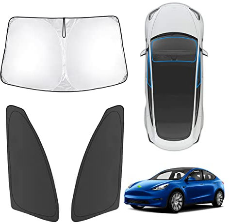 Karltys Model Y Windshield Sunshade for 2020-2025 Tesla Model Y, 3-Pack 210T Reflective Model Y Front and Side Window Shade, Foldable Windshield Sun Shade Model Y Sun Visor Cover Keep Car Cooler