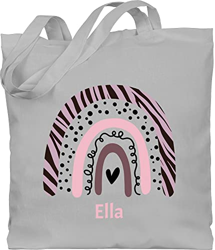 Baumwolltasche - Boho - Regenbogen - pointilliert Streifen - Name - Unisize - Hellgrau - personalisierter jutebeutel kinder kindergarten stofftasche bohemian personalisierte stoffbeutel jutetasche