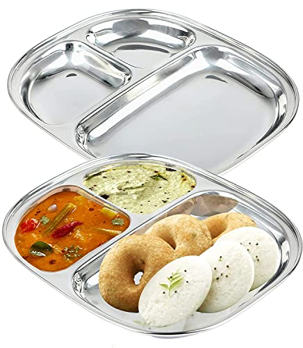 WG inc Stainless Steel Compartment Plates, 3 in 1 Divided Dinner Dishes, Non Toxic Metal Toddler Plates, Lunch Snacks Mess Trays for Adults, Kids, Outdoor, Camping (2 Pack)