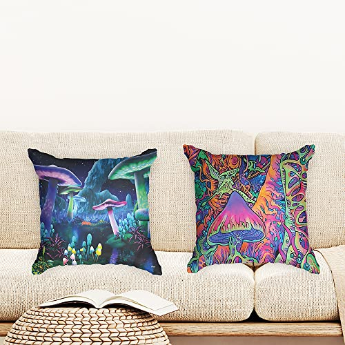 Ulticool - Kissenhülle - Pilz Mushroom - Set von 2 Motiven – 45 cm x 45 cm - Dekokissen ohne Füllung - Kissenbezug Zubehör für Sofa/Bett - Neon Blau Schwarz