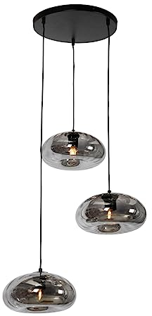 Qazqa - Art Deco Art-Deco-Hängelampe I Pendellampe I Pendelleuchte schwarz mit Rauchglas rund 3-flammig – Ayesha I Wohnzimmer I Schlafzimmer - Rund - LED geeignet E27