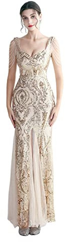 Damen Glänzend Abendkleider Maxikleid Elgant V-Ausschnitt Meerjungfrau Cocktailkleid Cabrio Wickelkleid Festlich Kleid,Gold,XL(44)