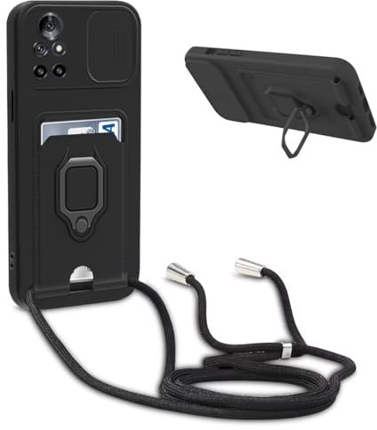 Beajew pour Coque iPhone 13 Cordon avec Porte-Cartes Protection Anneau Rotatif Caméra Cover Silicone Antichoc Bague Corde Bandoulière Lanière Réglable pour iPhone 13, Noir