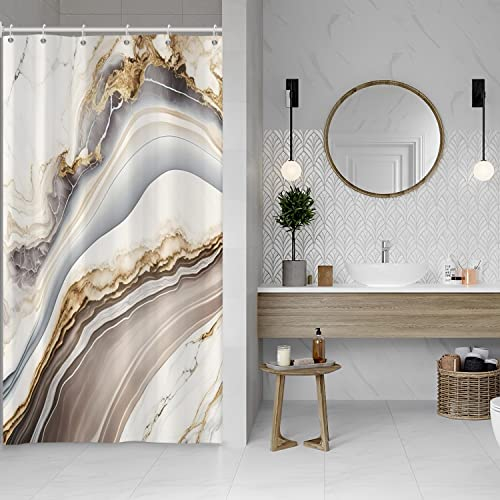 Bovlleetd Champagne Marmo Tenda da Doccia Moderna Lusso Grigio Decorativo Elegante Semplicità Tenda da Bagno 36x72 Impermeabile Tessuto di Poliestere Set 12 Ganci di Plastica