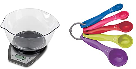 Salter 1024 SVDR14 Dual Pour Electronic Scale with Mixing Bowl, Wide/Narrow Spouts, 2 Litre Bowl, Silver & Colourworks Measuring Spoon Set, 5 Spoons for Measuring Food, Durable, Bright Colours