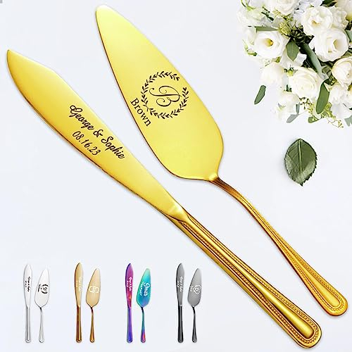 STREADVE Mariage Couteau à Gâteau Personnalisé et Ensemble de Serveur avec Gravure Pâtisserie Couteau à Pâtisserie Cadeau pour Fête de Mariage d'or d'argent Noël, Acier Inoxydable, Or