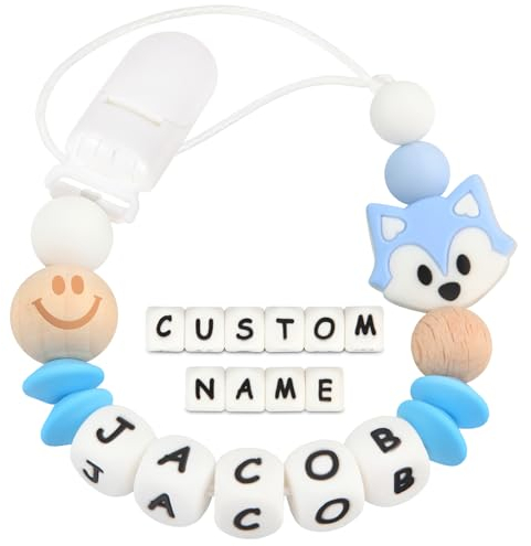 Kowlone Schnullerkette mit Namen Jungen mädchen Silikon Beißring Personalisiert Maus Schnuller Clips Halter(Blau)