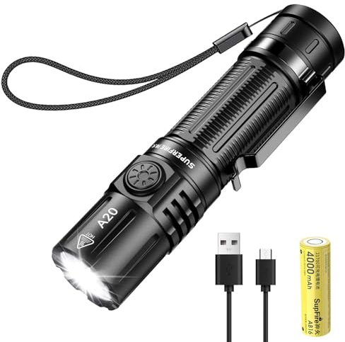 SuperFire LED Taschenlampe Aufladbar, Extrem Hell 15000 Lux Taktische Taschenlampen, USB Aufladbar 4000mAh Akku 6 Modi Wasserdicht Handlampe Für Outdoor Camping Wandern Notfall