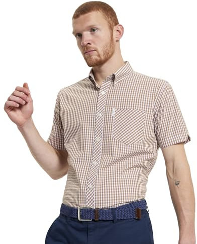 Ben Sherman Men's Signature Gingham Check Shirt, Button-Down Collar, Short Sleeved, Regular Fit (Caramel.) XL