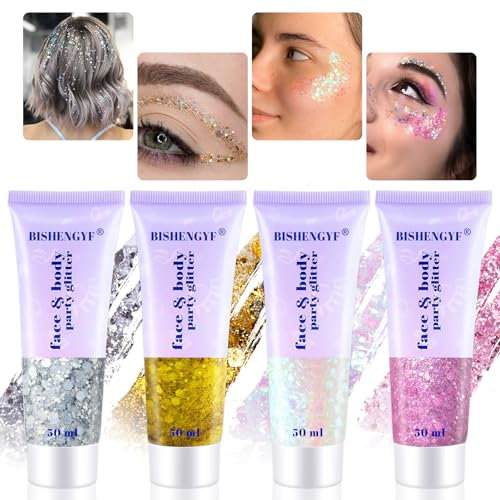 BISHENGYF 4Pcs Face Glitter Festival, Hair Glitter Body Glitter Make Up Glitter 50ml, Chunky Festival Glitter, Glitter Gel Rose Gold Silver White, Holo Lips Nails Glitter Liquid Glue Party Child DIY