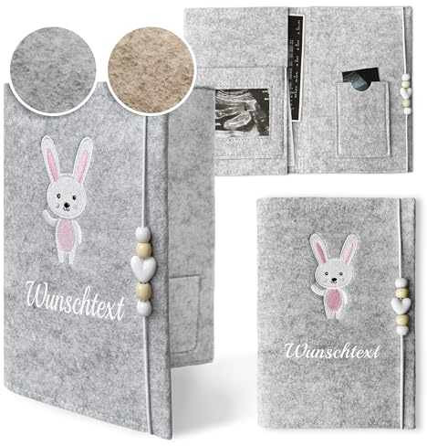 Mutterpasshülle personalisiert - Mutterpass Schutzhülle aus Filz mit gesticktem Namen und Motiv (Grau)