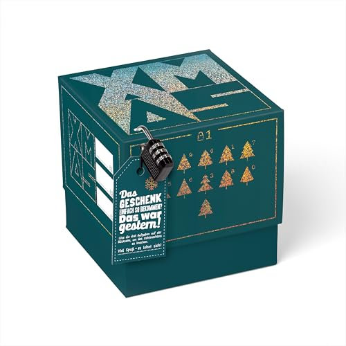 SURPRISA Geschenkbox für Weihnachten, Rätselbox für Geldgeschenke, Glitzer-Design in Blau mit XMAS-Aufdruck, Größe M (16cm)