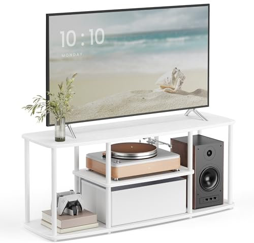 SONGMICS HOME Supporto TV per TV fino a 50 pollici, mobile porta TV, mobile multimediale, soggiorno, 43 x 14 x 18 pollici, mensole, bianco neve e bianco opaco, ULTV500W01