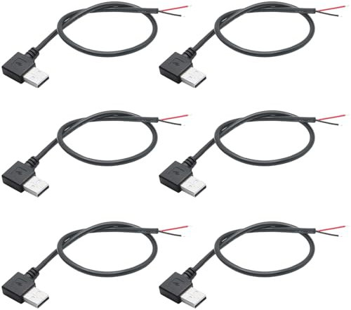 Greluma 6 Piezas Cable USB 2.0 macho de 90 grados con conector de 2 pines, cable de alimentación de extremo abierto con coleta de 0,3m y conector USB A macho de 2 pines, para cable USB DIY de 12V/3A