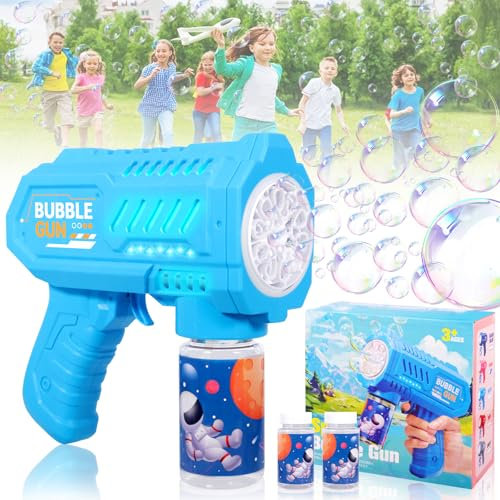 BUOAZR Seifenblasenpistolen, Kinder Seifenblasen Machine, LED Licht Blasen Elektrisch mit 2 Dosen 60ML Seifenblasenlösung, Automatische Blasenmaschine Geschenk für Kinder/Geburtstag/Party (Blau)