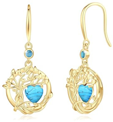 FANCIME Tree of Life Earrings 925 Sterling Silver Yellow Gold Plated Turquoise Dangle Drop Gemstone Earring December Birthstone Fine Jewellery Birthday Gifts for Her Women