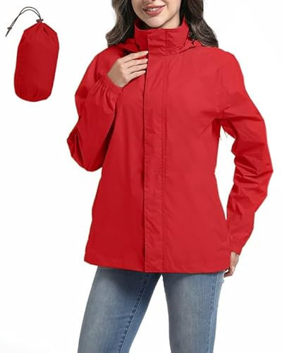 Zdoynto Veste de pluie pour femme - Imperméable - Léger - Pliable - Avec capuche - Veste d'extérieur - Veste de cyclisme - Coupe-vent - Voyage, rouge, M