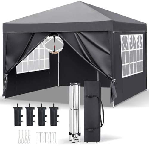 Tactfire Pavillon 3x3m,Faltpavillon,Wasserdicht,Winterfest,EIN klick Verriegelung,UV Schutz 50+,Gartenzelt,Partyzelt,Stahlrahmen,mit 4 Seitenteilen,4 Sandbeutel,für Garten,Party,Camping,Dunkelgrau