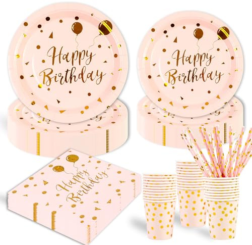 125Pcs Birthday Party Tableware Set,Pink and Gold Happy Birthday Theme Kids Tableware Decoration Party Accessories Set Includes Paper Plates Napkins Cups for 25 Guests