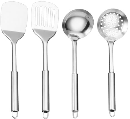 4 Pcs Stainless Steel Kitchen Utensils, Include Solid Turner, Slotted Turner, Skimmer and Ladle, Essential Cooking Gadgets for Home & Professional Use(Color:Silver)