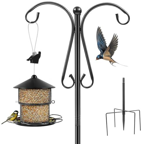 YedZen Bird Feeders Hanging Station, 193cm Wild Bird Feeder Poles with Shepherds Crook Hook, Heavy Duty Metal Free Standing Bird Feeding Station, Bird Feeder Stand for Garden, Lights, Hanging Basket