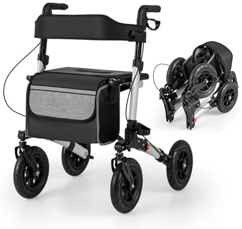 COSTWAY Déambulateur Pliable Tout-Terrain à 4 Roues avec Siège, Rollator avec Pneus de 23 cm Hauteur Réglable Dossier Ergonomique et Cadre en Aluminium Léger (62 x 82 x 81,5-97 cm,Argenté)