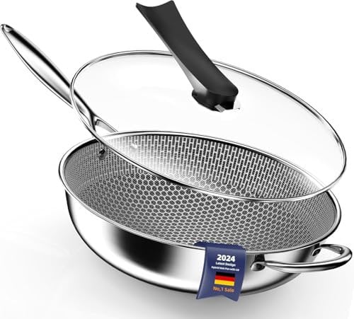Kiseely Hybrid Wokpfanne mit Deckel 34 cm, Antihaft edelstahl Wokpfanne induktion, Bratpfanne mit Antihaftbeschichtung, Induktionfest pfanne, BPA/PFOA-frei wok (VG7)