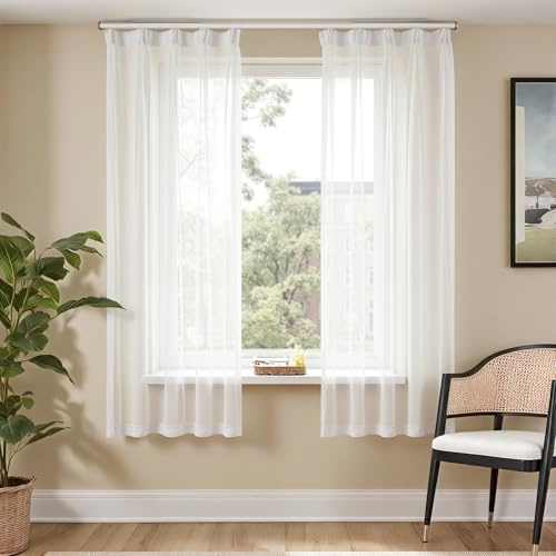 TOPICK Gardinen mit Kräuselband Vorhänge transparent Curtains 200x140 cm 2er Set Gardinen Wohnzimmer modern Vorhänge Schlafzimmer Gardinenschals Fensterdekoration Übergardinen Fenstervorhang Weiß