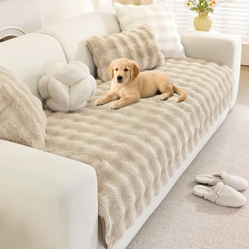 Royhom Plüsch Sofa Überzug L Form 1/2/3/4 Sitzer Couch Überzug Ecksofa, Sofaschoner rutschfest, Superweiche SofaÜberwurf aus Kunstpelz für Sofa, Teppich, Fensterbank Kissen(Hellkhaki 70x150cm)