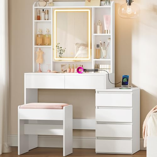 VASAGLE KAILYN Collection - Dressing Table with LED Lights | Modern Makeup Desk, Vanity Table with Mirror, Drawers, Adjustable Shelves, 40 x 105 x 145 cm, RDT144WB02