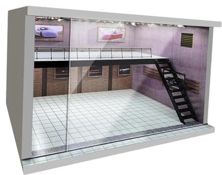 Modellauto Vitrine Parkplatz Diorama mit LED Beleuchtung für 1:64 1:36 1:32 Maßstab, Acryl Schaukasten Display 26.5 x 20.8 x 18 cm