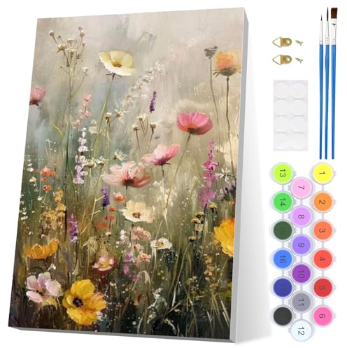 EOBROMD Wild Flowers Paint by Numbers for Adults with Frame, Landscape Paint by Numbers Kits, Acrylic Simple Painting by Numbers for Gift Home Wall Decor (8x12in/20x30cm)