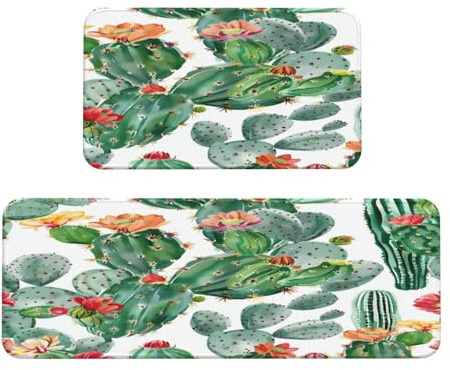 Ginfult Set di 2 tappeti da cucina con cactus estivi ad acquerello, antiscivolo, assorbenti, per camera da letto, bagno, ufficio