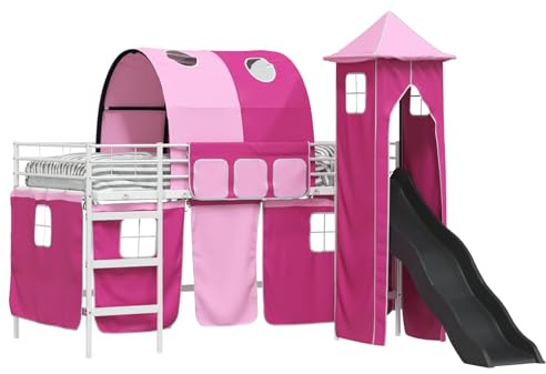 vidaXL Kinderloftbett Weiß und Rosa 90 x 200 cm Metall, Kindermöbel, multifunktionales Hochbett mit Rutsche, modernes Schlafpod, cooooler Etagenrahmen