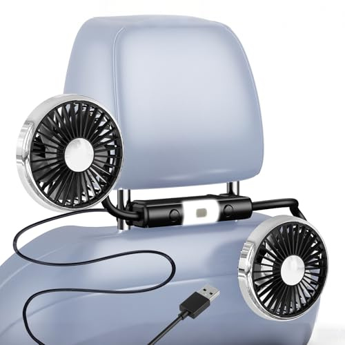 NIFBANG Ventilatore USB per auto, 11,5 – 16,5 cm, con poggiatesta regolabile a 360°, tubo flessibile a doppia testa, mini ventilatore silenzioso per auto, con 3 livelli e luce per bambini, bambini