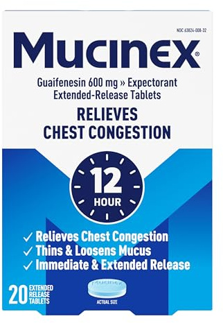 Mucinex 12 Hour 600 mg Guaifenesin Extended-Release Tablets for Excess Mucus Relief, Expectorant Aids Excess Mucus Removal, Chest Congestion Relief, 20 Bi-Layer Tablets
